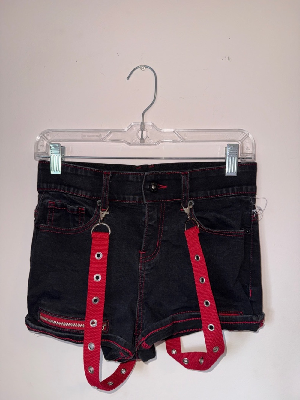 Hot Topic Black Denim Shorts with Red Strap Detail